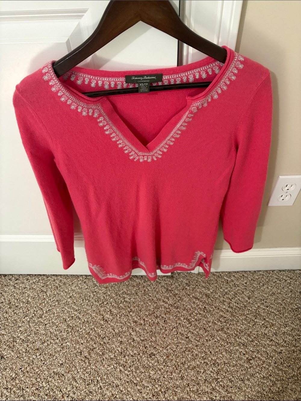 Tommy Bahama Coral Pink V-Neck Sweater with White Embroidered Trim